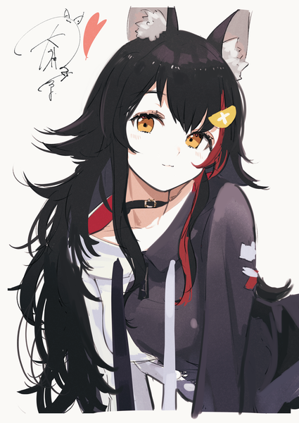Anime picture 2508x3541 with virtual youtuber hololive ookami mio ookami mio (3rd costume) ogura tubuan single long hair tall image looking at viewer fringe highres black hair simple background white background animal ears payot head tilt multicolored hair orange eyes leaning