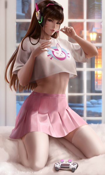 Anime picture 3000x5000 with overwatch blizzard entertainment d.va (overwatch) wickellia single long hair tall image looking at viewer fringe highres breasts open mouth light erotic brown hair large breasts sitting holding brown eyes signed full body