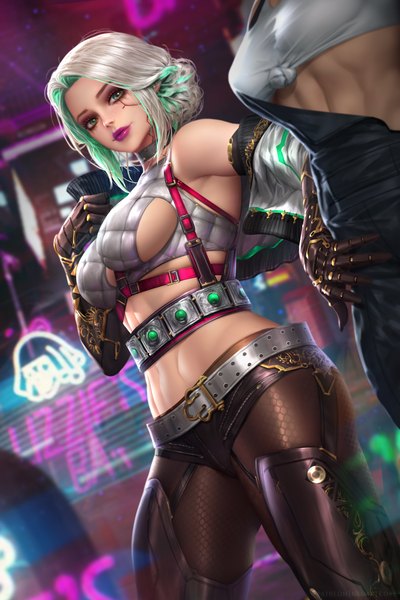Anime picture 2400x3597 with the witcher the witcher 3 wild hunt cyberpunk 2077 ciri judy alvarez nudtawut thongmai tall image looking at viewer blush fringe highres short hair breasts light erotic large breasts standing multiple girls green eyes signed payot