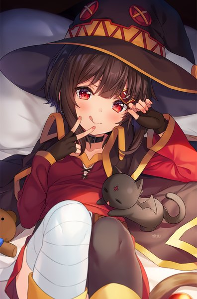 Anime picture 776x1174 with kono subarashii sekai ni shukufuku wo! studio deen megumin chomusuke hitsukuya single tall image looking at viewer blush fringe short hair hair between eyes red eyes brown hair signed payot lying long sleeves nail polish on back