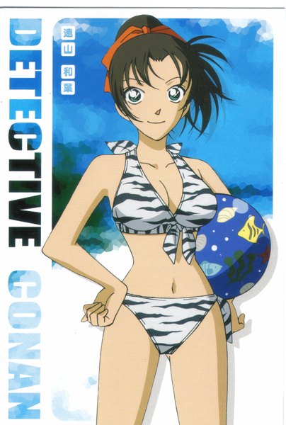 Anime picture 2352x3488 with detective conan kazuha toyama single tall image looking at viewer highres short hair light erotic smile brown hair sky ponytail aqua eyes scan official art animal print hands on hips girl ribbon (ribbons) swimsuit