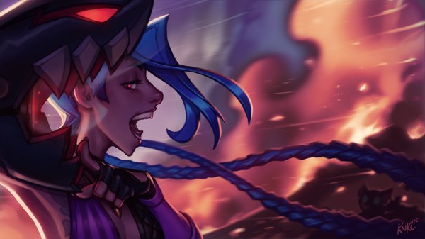 Anime picture 1920x1080 with league of legends jinx (league of legends) knockwurst single long hair highres open mouth red eyes wide image blue hair profile teeth girl gloves weapon tongue fingerless gloves gun grenade launcher