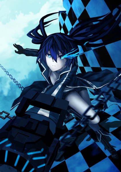 Anime picture 2149x3039 with black rock shooter black rock shooter (character) single long hair tall image highres blue eyes blue hair glowing glowing eye (eyes) checkered floor girl gloves weapon shorts thigh boots chain cloak bikini top