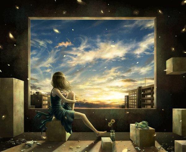 Anime picture 1001x818 with original fuumi (kazami) single long hair brown hair sitting bare shoulders sky cloud (clouds) indoors barefoot wind bare legs shadow sleeveless city evening sunset cityscape leg hug