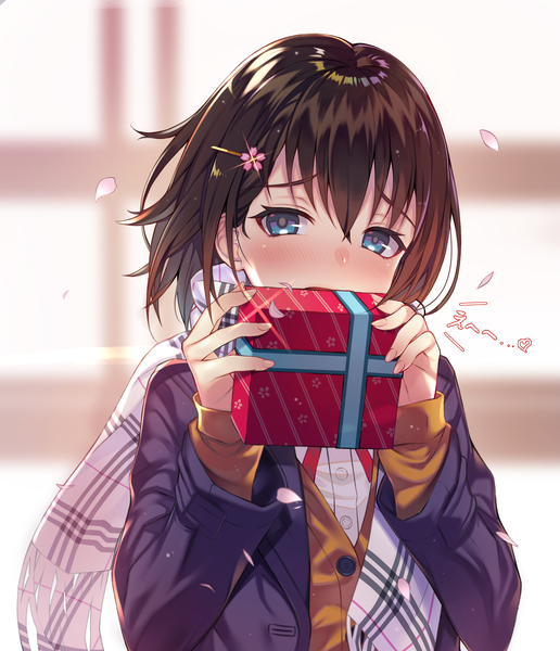 Anime picture 3696x4296 with original rumeha (aormsj22) single tall image looking at viewer blush fringe highres short hair blue eyes hair between eyes brown hair holding absurdres upper body long sleeves blurry covered mouth girl petals