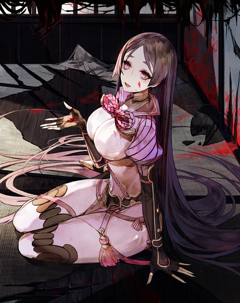 Anime picture 715x900 with fate (series) fate/grand order minamoto no raikou (fate) mo (mocopo) single tall image breasts open mouth light erotic black hair large breasts sitting purple eyes payot very long hair :d arm support looking up yokozuwari blood on face