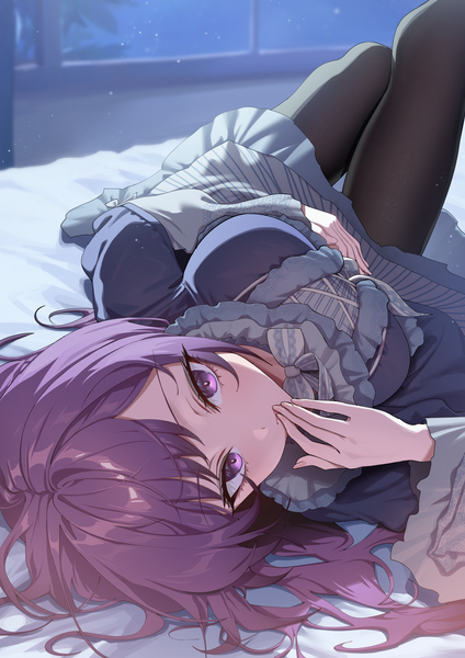 Anime picture 1412x2000 with original yampa single long hair tall image looking at viewer blush fringe breasts purple eyes purple hair indoors lying long sleeves wide sleeves on back hand to mouth upside down girl dress