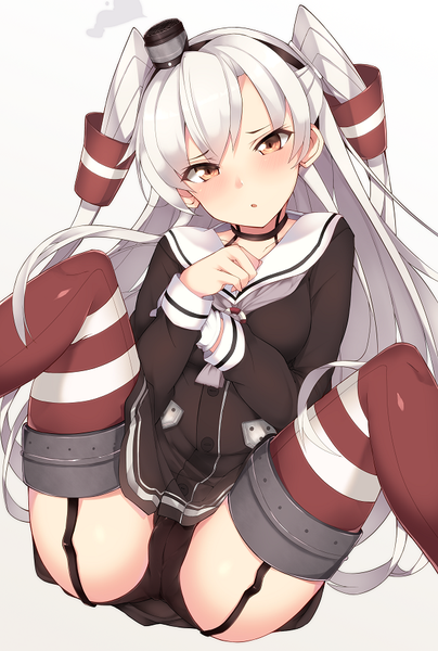 Anime picture 600x891 with kantai collection amatsukaze destroyer haruyuki (yukichasoba) single long hair tall image looking at viewer blush open mouth light erotic brown eyes white hair two side up girl thighhighs underwear panties hat hair tubes mini hat
