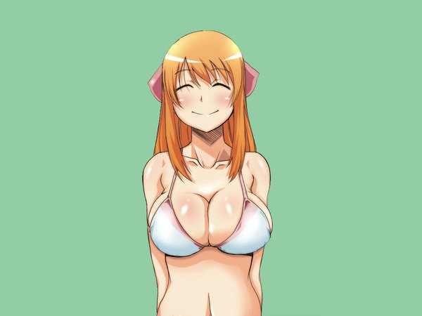 Anime picture 1024x768 with hanamaru youchien gainax yamamoto nanako tagme (artist) single long hair blush breasts light erotic simple background smile large breasts bare shoulders eyes closed orange hair girl navel swimsuit bikini white bikini