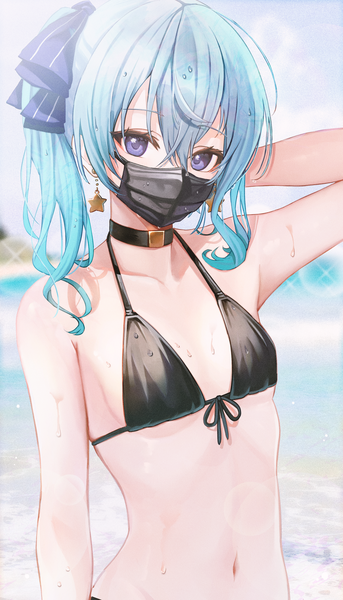 Anime picture 2000x3500 with virtual youtuber hololive hoshimachi suisei sanada keisui single long hair tall image fringe highres light erotic hair between eyes purple eyes blue hair upper body outdoors arm up blurry sparkle wet depth of field