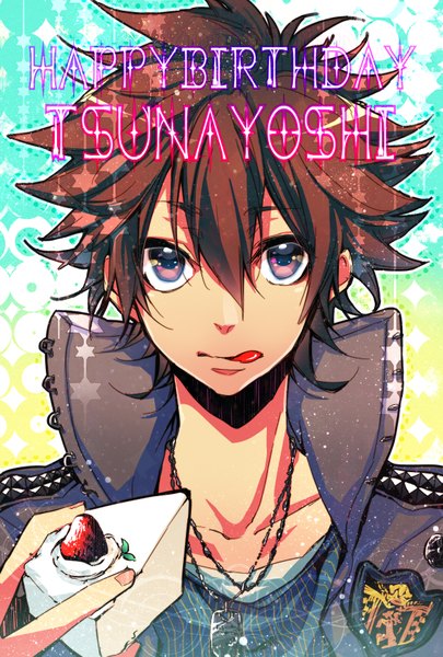 Anime picture 1181x1748 with katekyou hitman reborn sawada tsunayoshi defect27 single tall image short hair brown hair purple eyes inscription :q happy birthday licking boy choker sweets tongue pendant cake