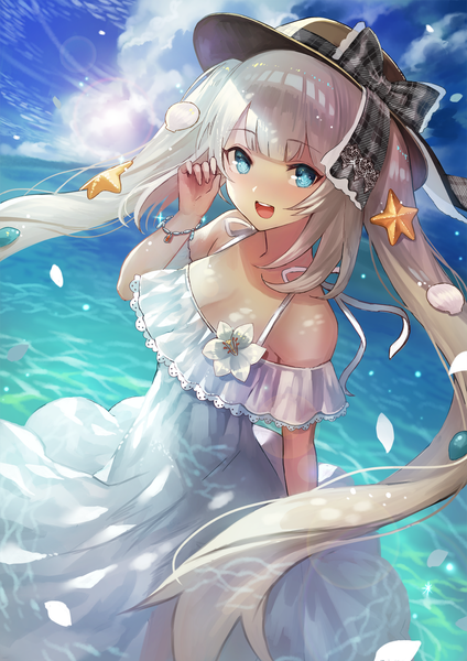 Anime picture 1500x2122 with fate (series) fate/grand order marie antoinette (fate/grand order) marie antoinette (swimsuit caster) (fate) terai (teraimorimori) single long hair tall image looking at viewer fringe breasts open mouth blue eyes smile standing twintails bare shoulders sky cleavage cloud (clouds)