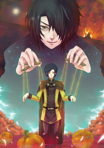 Anime picture 1240x1754 with original fuya (tempupupu) tall image looking at viewer fringe short hair black hair smile standing brown eyes hair over one eye boy cape vegetables clothes pumpkin