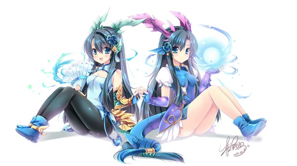 Anime picture 1920x1080 with puzzle & dragons karin (p&d) sakurano tsuyu long hair looking at viewer blush highres open mouth blue eyes light erotic wide image white background sitting multiple girls blue hair tail horn (horns) magic holding hands girl