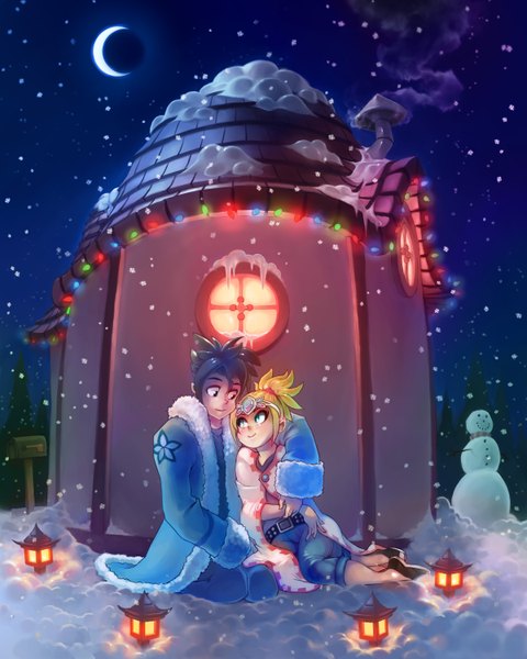 Anime picture 2400x3000 with original rtil (artist) tall image highres short hair blonde hair smile sitting couple snowing winter snow crescent girl boy hair ornament jacket fur winter clothes snowman