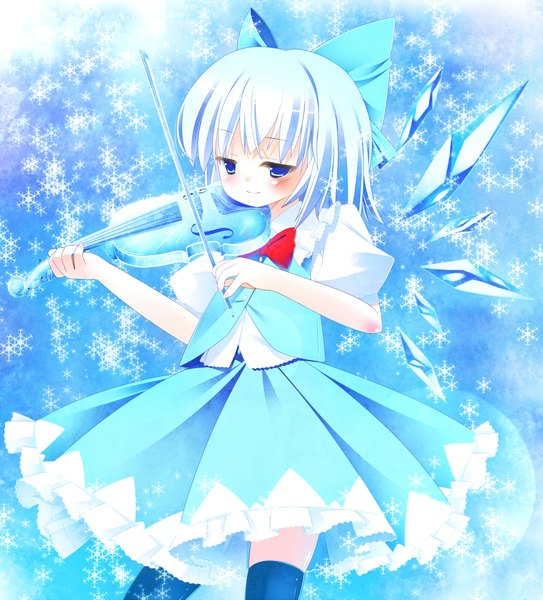 Anime picture 2000x2209 with touhou cirno zefa (neoaltemice) single tall image blush highres short hair blue eyes blue hair loli girl dress bow hair bow wings musical instrument crystal violin bow (instrument)
