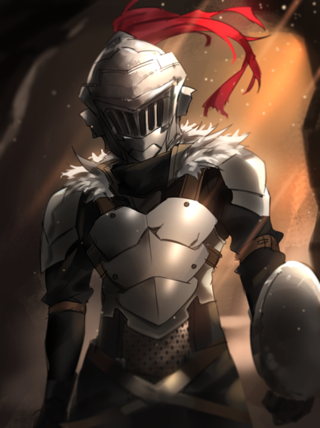 Anime picture 829x1110 with goblin slayer! white fox goblin slayer sendrawz single tall image standing holding upper body wind blurry fur trim boy armor fur helmet fur collar spaulder (spaulders) shield breastplate