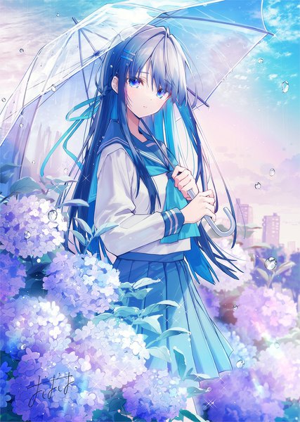 Anime picture 900x1266 with original oshio (dayo) single long hair tall image looking at viewer fringe blue eyes signed blue hair sky outdoors pleated skirt transparent umbrella girl skirt uniform flower (flowers) ribbon (ribbons) hair ribbon