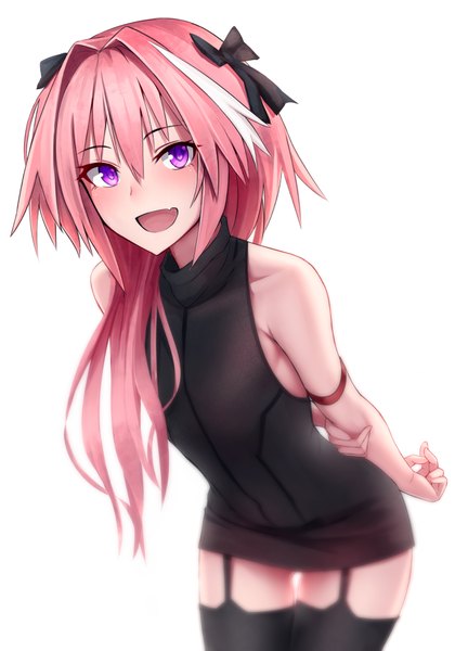 Anime picture 700x1000 with fate (series) fate/apocrypha astolfo (fate) shijiu (adamhutt) single long hair tall image looking at viewer blush fringe breasts open mouth simple background hair between eyes standing white background purple eyes bare shoulders holding payot
