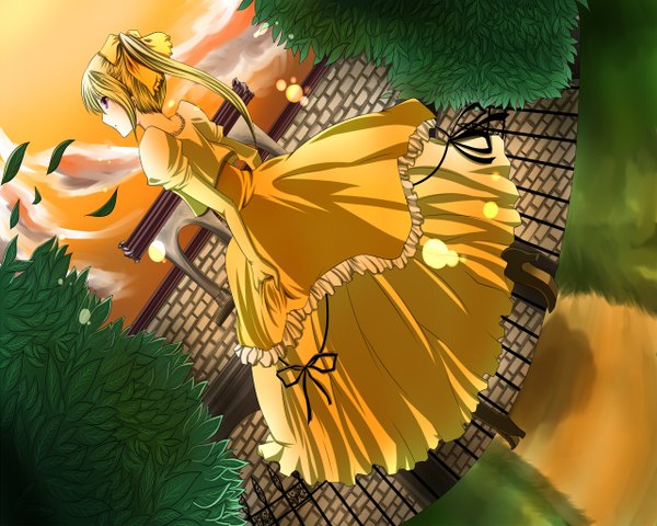 Anime picture 1280x1024 with sugiryu single blonde hair purple eyes profile dutch angle colored girl dress bow hair bow leaf (leaves)