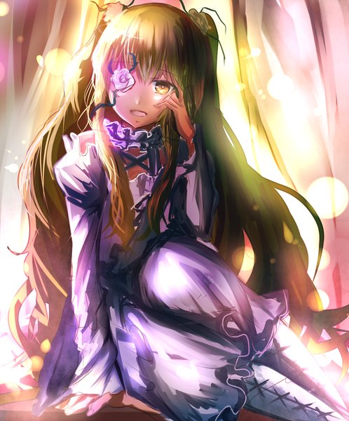 Anime picture 1000x1204 with rozen maiden kirakishou hizagawa rau single long hair tall image looking at viewer fringe open mouth blonde hair smile sitting twintails yellow eyes bent knee (knees) hair flower flower over eye girl dress hair ornament