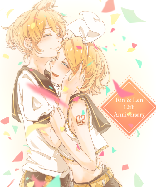 Anime-Bild 1000x1200 mit vocaloid kagamine rin kagamine len ichiya append tall image blush short hair open mouth blonde hair smile eyes closed character names hug tears siblings twins sailor collar brother and sister anniversary girl