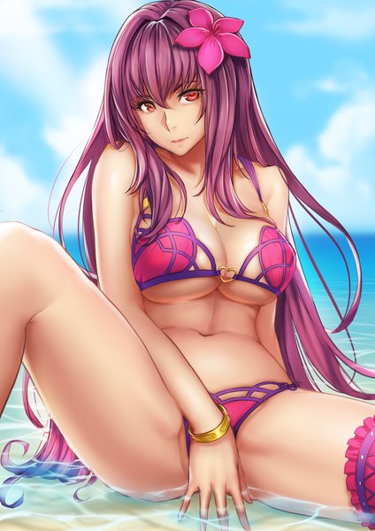 Anime picture 744x1052 with fate (series) fate/grand order scathach (fate) (all) scathach (swimsuit assassin) (fate) lontong single tall image looking at viewer breasts light erotic red eyes purple hair very long hair hair flower girl navel flower (flowers) swimsuit bikini bracelet