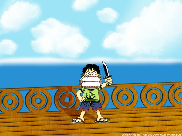 Anime picture 1024x768 with one piece toei animation monkey d. luffy single short hair black hair standing holding signed sky cloud (clouds) full body outdoors arm up black eyes copyright name hand on hip character names text english