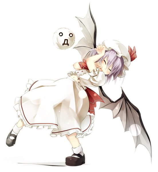 Anime picture 1380x1500 with touhou remilia scarlet kedama gorilla (bun0615) single tall image blush short hair open mouth simple background white background purple hair eyes closed bare belly bat wings girl navel wings bonnet teardrop