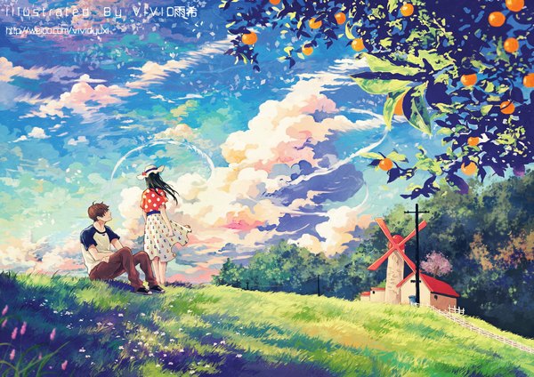 Anime picture 1181x835 with original vivid long hair short hair black hair brown hair standing sitting looking away sky cloud (clouds) wind girl dress boy flower (flowers) plant (plants) hat tree (trees) leaf (leaves)