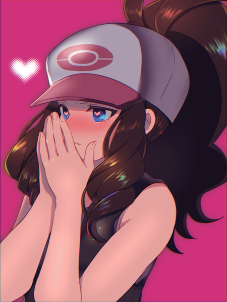 Anime picture 1200x1600 with pokemon pokemon black and white nintendo hilda (pokemon) mokorei single long hair tall image blush blue eyes simple background brown hair looking away upper body ponytail embarrassed sleeveless drill hair symbol-shaped pupils pink background