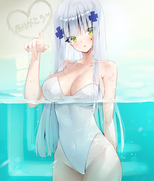 Anime picture 1618x1900 with girls frontline hk416 (girls frontline) ango single long hair tall image looking at viewer blush fringe light erotic standing green eyes silver hair blunt bangs parted lips head tilt wet partially submerged groin covered navel