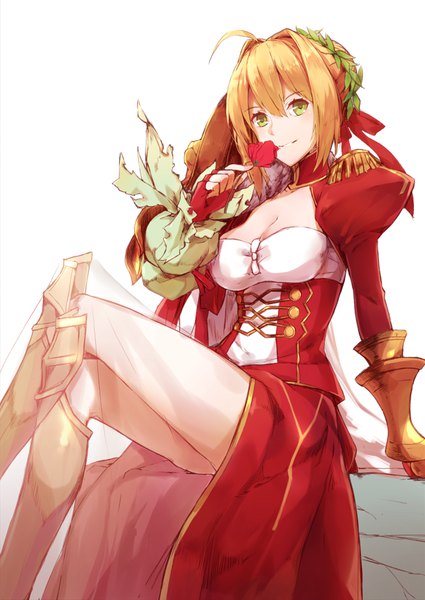 Anime picture 763x1078 with fate (series) fate/extra nero claudius (fate) (all) nero claudius (fate) jhcrow3 single tall image looking at viewer fringe breasts blonde hair smile hair between eyes large breasts sitting holding green eyes payot cleavage ahoge