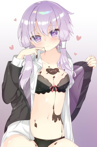 Anime-Bild 800x1213 mit vocaloid voiceroid yuzuki yukari kamioka shun'ya single long hair tall image blush fringe breasts light erotic simple background hair between eyes purple eyes purple hair head tilt open clothes gradient background finger to mouth symbol-shaped pupils