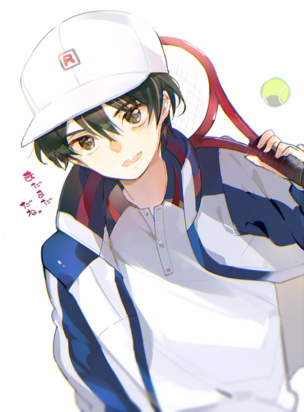 Anime picture 700x950 with prince of tennis echizen ryoma atsumi jun single tall image fringe short hair open mouth black hair simple background hair between eyes white background brown eyes upper body open jacket text boy uniform jacket gym uniform