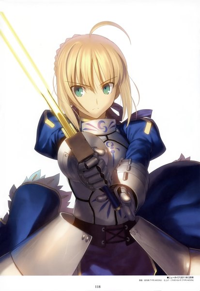 Anime picture 2516x3649 with fate (series) fate/stay night fate/zero studio deen type-moon artoria pendragon (all) saber takeuchi takashi single tall image highres short hair blonde hair white background green eyes scan official art angry girl dress