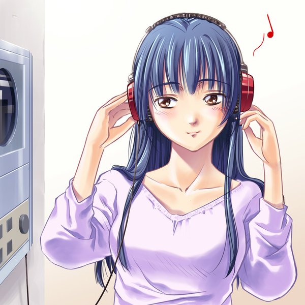 Anime picture 800x800 with original jiyuuyuu single long hair looking at viewer blush brown eyes blue hair hand on headphones girl headphones