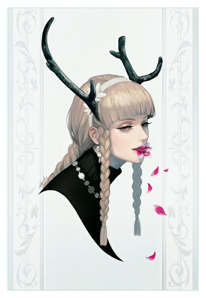 Anime picture 553x800 with suda ayaka single long hair tall image looking at viewer fringe blonde hair holding signed upper body braid (braids) pink eyes horn (horns) lips mouth hold border flower in mouth girl flower (flowers) earrings