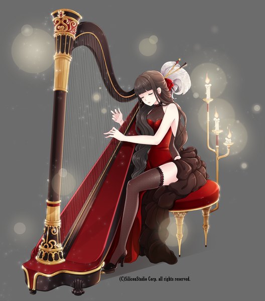 Anime picture 880x1000 with original millgua single long hair tall image black hair sitting eyes closed grey background playing instrument girl dress musical instrument candle (candles) harp