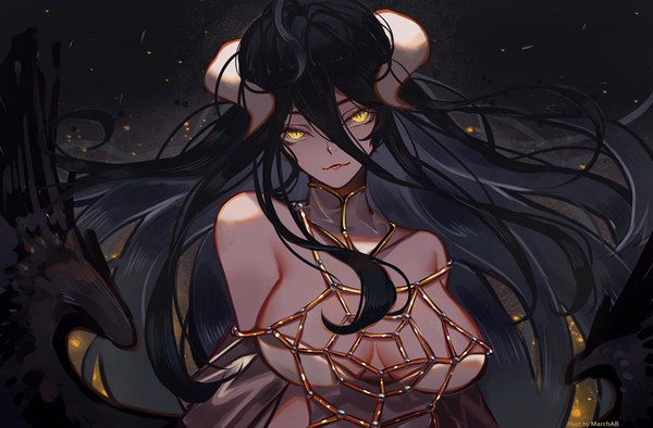 Anime picture 1168x767 with overlord (maruyama) madhouse albedo (overlord) marchab 66 single long hair looking at viewer fringe breasts light erotic black hair simple background hair between eyes large breasts bare shoulders signed yellow eyes cleavage upper body head tilt