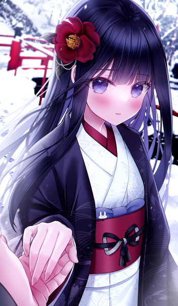 Anime picture 3086x5284 with original kuro namako long hair tall image looking at viewer blush fringe highres black hair purple eyes absurdres outdoors blunt bangs traditional clothes japanese clothes hair flower holding hands solo focus winter new year