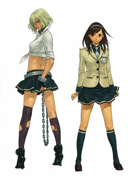 Anime picture 595x842 with tokyo.girls.destruction. burai sachiko amasu kumi mana30row long hair tall image looking at viewer short hair simple background blonde hair brown hair standing white background multiple girls brown eyes yellow eyes pleated skirt torn clothes back girl