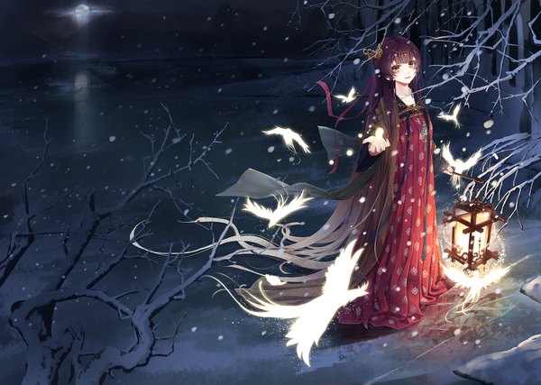 Anime picture 2000x1425 with original wait (artist) single looking at viewer highres black hair wide image brown eyes very long hair from above night light snowing winter snow bare tree girl dress hair ornament plant (plants)