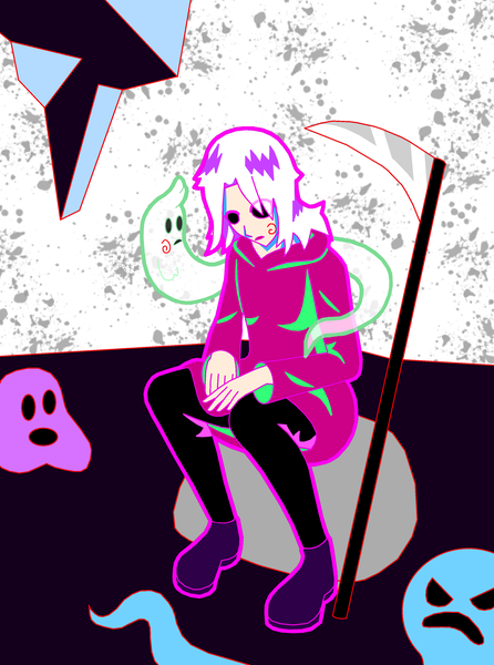 Anime picture 2481x3335 with grimm's hollow timmy (grimm's hollow) lavender (grimm's hollow) fenno7 single long hair tall image fringe highres sitting full body white hair long sleeves black eyes ghost sad outline girl weapon shoes