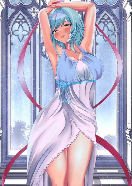 Anime picture 1920x2715 with genshin impact eula lawrence ronikx art single long hair tall image blush fringe highres breasts light erotic large breasts standing brown eyes blue hair looking away arms up armpit (armpits) alternate costume multicolored eyes