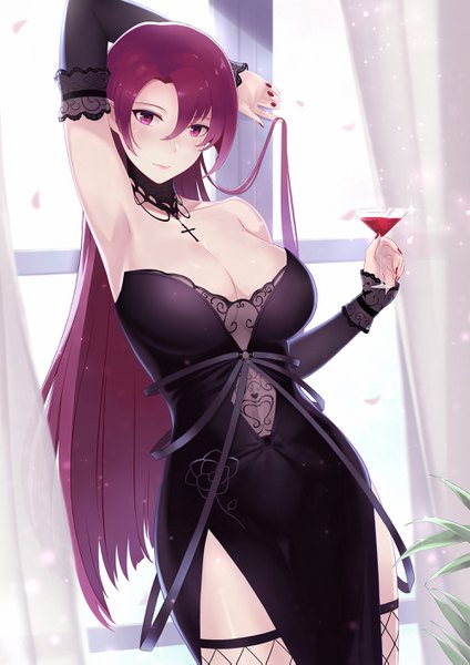 Anime picture 2000x2829 with azur lane duke of york (azur lane) duke of york (carola of the eternal night) (azur lane) alexiel (artist) single long hair tall image looking at viewer blush fringe highres breasts light erotic hair between eyes large breasts standing bare shoulders holding pink hair cleavage