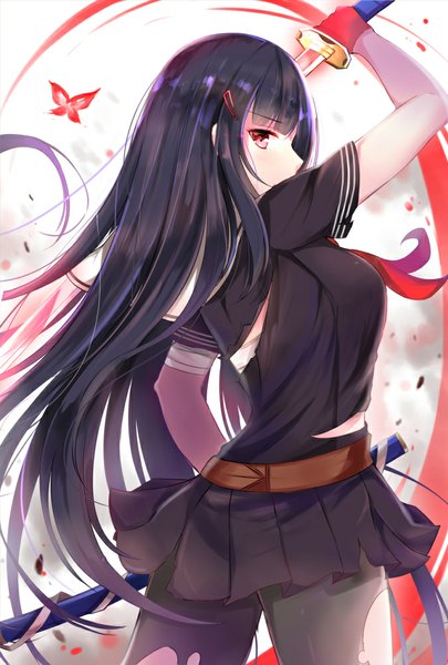 Anime picture 675x1000 with original konka single long hair tall image looking at viewer fringe breasts light erotic black hair red eyes holding pink hair purple hair profile pleated skirt multicolored hair short sleeves torn clothes torn pantyhose