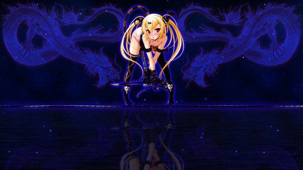 Anime picture 1366x768 with queen's blade alice (queen's blade) nishii (nitroplus) long hair blush blonde hair red eyes wide image twintails reflection blue background girl thighhighs gloves weapon black thighhighs dragon