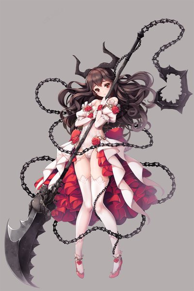 Anime picture 1067x1600 with original koflif single long hair tall image looking at viewer blush fringe breasts light erotic black hair simple background hair between eyes red eyes bare shoulders full body head tilt horn (horns) grey background high heels