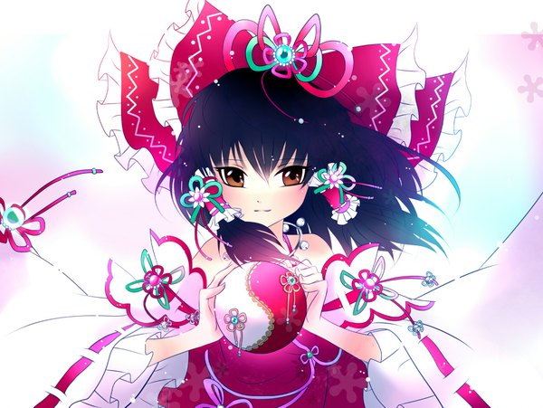 Anime picture 2000x1505 with touhou hakurei reimu highres black hair white background brown eyes girl